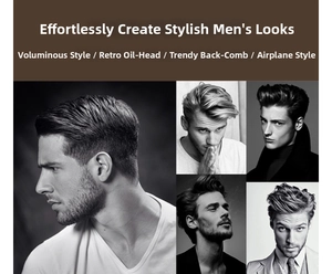 Various hairstyles like slick-back and pompadour created with a curved hairbrush