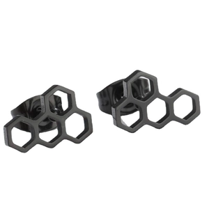 Minimalist black hexagonal honeycomb stud earrings with geometric hollow design