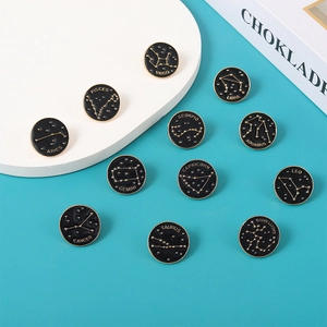 Détail de 12 broches du zodiaque en alliage avec lettrage doré et émail noir brillant