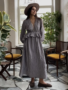 Robe Longue À Col En V Et Bordure En Dentelle Pour Femmes Taille À Volants Manches Lanternes Fente Viscose Nylon Texture