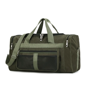 Army green travel bag with adjustable shoulder strap and mesh front pocket detail