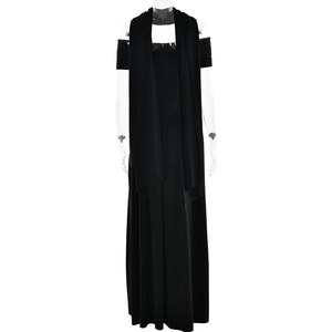 Detail of elegant black strapless maxi dress featuring a chic matching scarf attachment