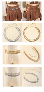 Close-up of vintage gold and silver metal coin belts with bohemian tassel pendants