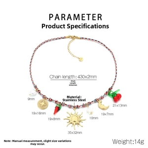 Detailed view of woven necklace with stainless steel charms and product dimensions