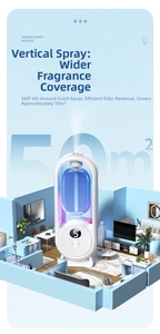 Vertical white aroma diffuser showing 360-degree mist spray in a 3D isometric home view