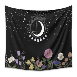 Bohemian black moon phase tapestry with stars and colorful floral garden wall decor