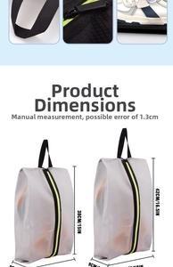 Size guide for portable travel shoe bags in medium and large with exact cm and inch metrics