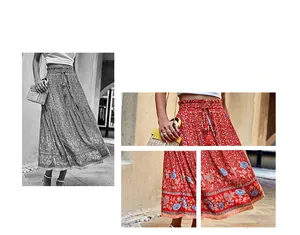Détail de la taille haute élastique avec cordons à glands sur la jupe fleurie boho