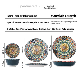 Detailed size specifications for bohemian ceramic mandala plates and bowls tableware set