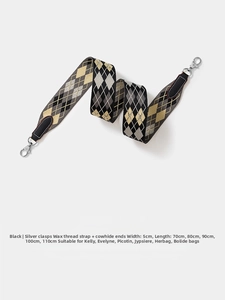 5cm wide argyle woven shoulder strap with black leather ends and silver metal hooks