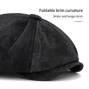 Classic black newsboy cap in soft faux suede with adjustable wide brim for a retro look