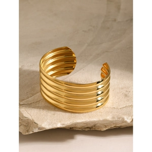 18k gold-plated stainless steel multi-layered ribbed open cuff bracelet for women