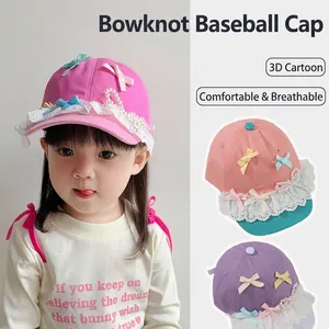 Toddler Girls Baseball Cap Washed Cotton Lace Artificial Pearl Bow Decoration Breathable Sunshade Hat Sweet Style Adjustable