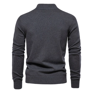 Back view of high-quality dark grey knit cardigan sweater featuring a classic stand collar