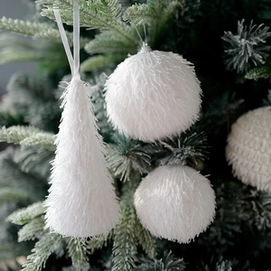 White Plush Christmas Tree Ornaments Foam Faux Fur Glitter Hanging Pendants Holiday Party Home Decor