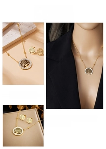 Detailed set of gold Tree of Life pendant necklace and earrings with sparkling crystals