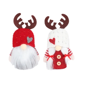 Christmas reindeer gnomes set with red and white knitted hats and cute reindeer antlers