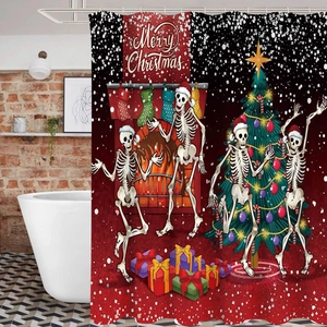 Christmas shower curtain featuring skeletons dancing by fireplace and Merry Christmas text