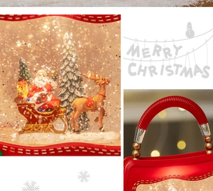 Detail of red Christmas lantern bag with Santa Claus, reindeer, and warm snow effect