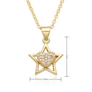 Detailed view of gold star and heart pendant with pave cubic zirconia and 15mm size labels