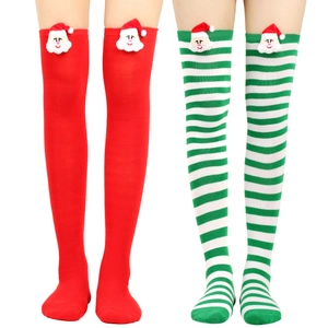 Thigh-high Christmas socks with 3D Santa Claus plush details in red and striped patterns