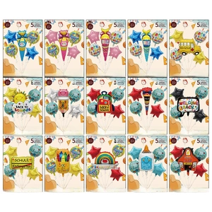 Back to School foil balloon set with cute designs like school bus and ice cream for party decor.