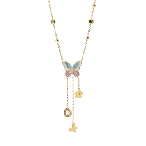 Golden butterfly necklace with colorful enamel pendants and elegant faux pearls on white background
