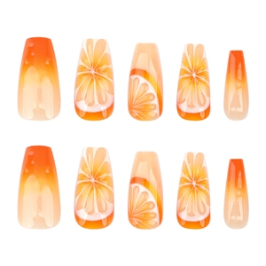 Frische 3D-Orangen-Press-On-Nägel mit orangefarbenem Farbverlauf und langer Sargform