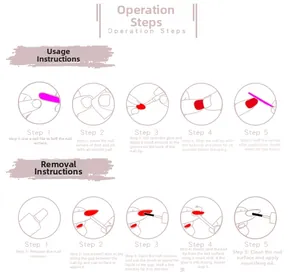 Step-by-step instructions for applying and removing cat eye press-on nails with illustrations