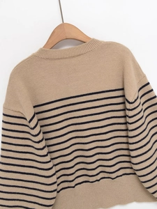 Detailed view of khaki striped knit sweater showing ribbed crew neck and textured fabric