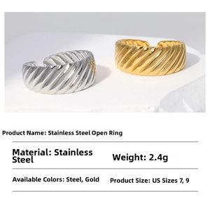 Detailed view of irregular twisted stainless steel open rings with size and weight specs