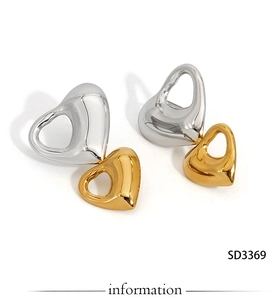 Dettaglio di orecchini a cuore cavo in acciaio 316 con placcatura bicolore argento e oro
