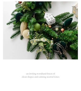 Close-up of 1.8m PE Christmas garland with green velvet ornaments and warm LED lights
