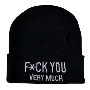 Trendy black knit beanie featuring white embroidered text for street dance and outdoor wear