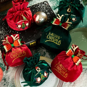 Christmas velvet drawstring gift bags with reindeer antlers and Merry Christmas gold print