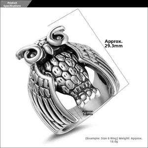 Detail view of retro owl ring with textured feathers and dimensional measurements