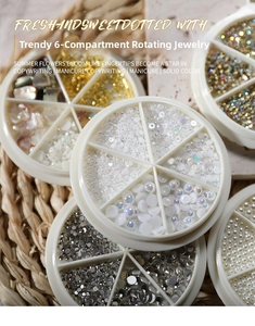 Detailed macro view of 6-slot wheel case with pearls and rhinestones for nail art DIY