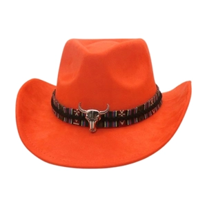 Detail of orange cowboy hat with ethnic band and silver bull head charm ornament