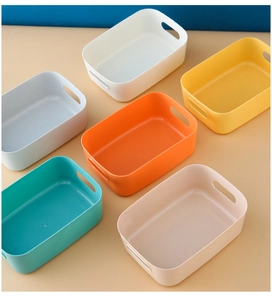 Colorful plastic storage baskets with handles shown in six vibrant color options
