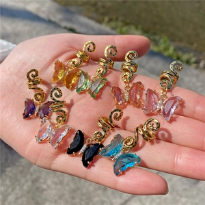 Golden spiral hair rings with colorful crystal butterfly pendants for hip hop braids