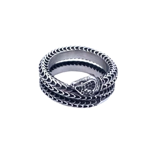 Gothic snake ring in vintage silver finish with detailed scale texture and snake head