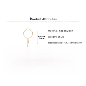 Detail specifications of multi-layered tassel necklace showing 43cm+7cm length and material