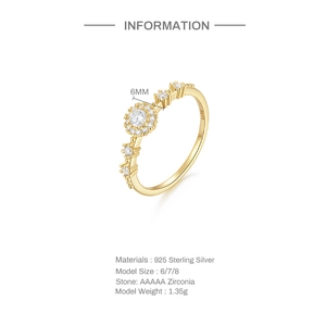 Detailed size chart of S925 sterling silver gold wedding ring with 6mm zirconia stone