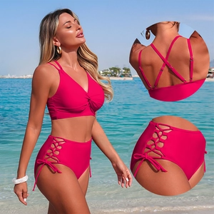Two-piece rose red high waist bikini with twist-front top and side-tie cutout bottoms