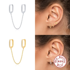 S925 Sterling Silver U-shaped double hoop earrings with sparkling tassel chain links