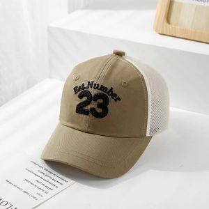 Detail view of khaki mesh baseball cap with black letter embroidery and curved brim