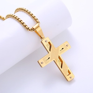 Gold double-layered cross pendant necklace with engraved Spanish scripture on stainless steel