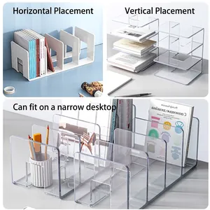 Acrylic desktop organizer for books with multi-slot design in clear and white finish