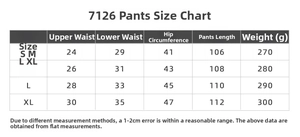 Size chart detail for straight leg yoga pants showing waist and hip measurements