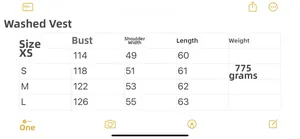 Size chart showing bust, shoulder, and length for the quilted wash cotton vest